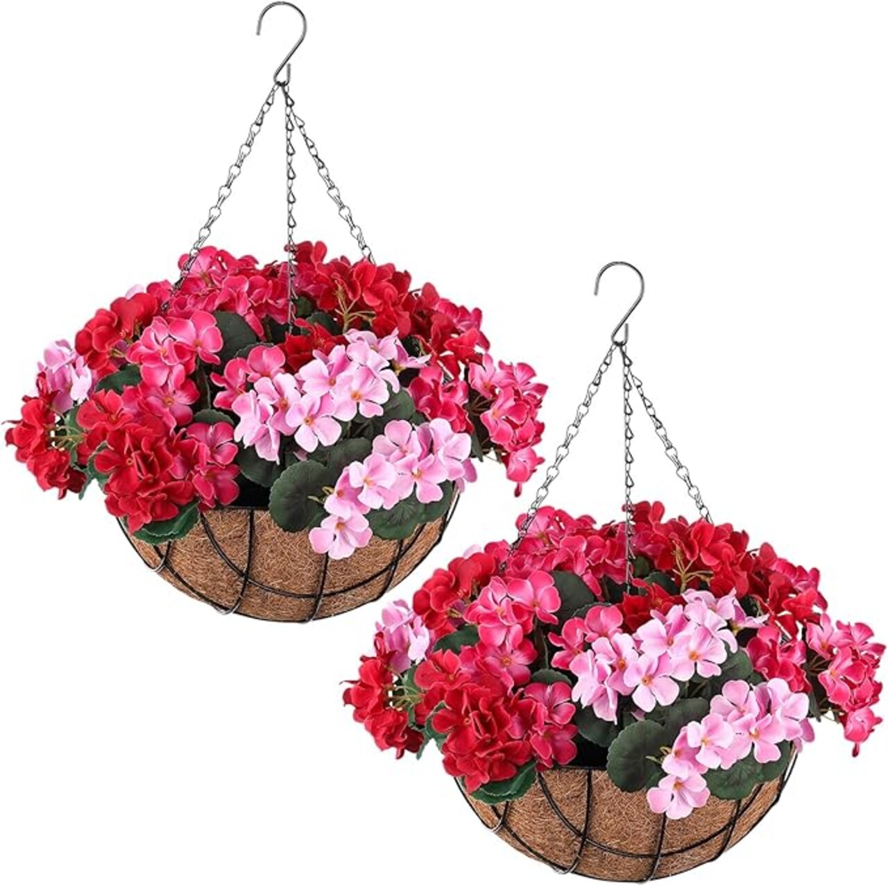 2 Pack Artificial Hanging Flowers in Basket Fake Porch Plants Artificial Hydrangea Arrangement in 12 Inch Coconut Lining Hanging Basket Flower for Outdoors Indoors(Mixed Colors)